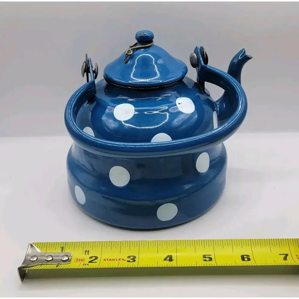 Vintage Graniteware Blue & White Polka Dots Enamel Gooseneck Swing Handle Teapot